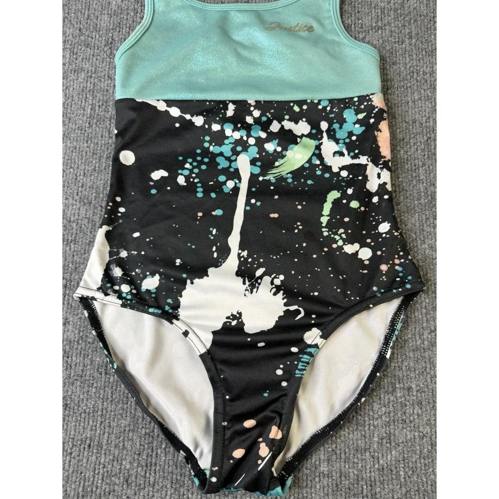 Justice‎ Girls One Piece Swimsuit S 7/8 Black Multi Paint Splash
